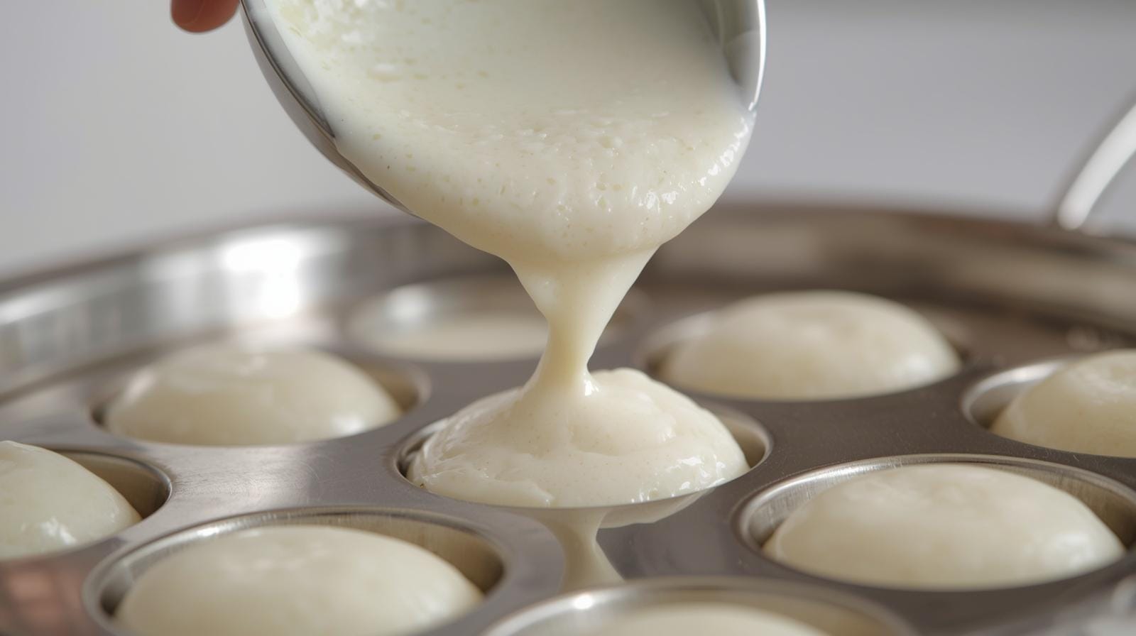 Pouring Idli batter to make healthy Idlis