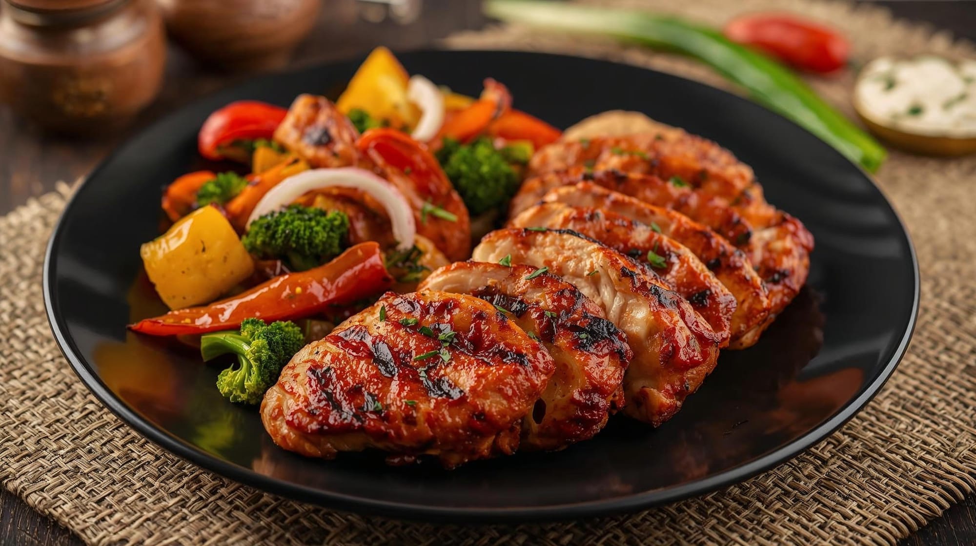 Tandoori chicken breast with veggie stir-fry for high protein Indian weight loss diet