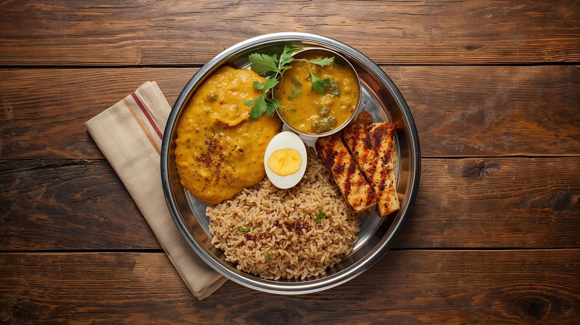Colorful Indian high protein meal with moong dal, paneer, and eggs for weight loss