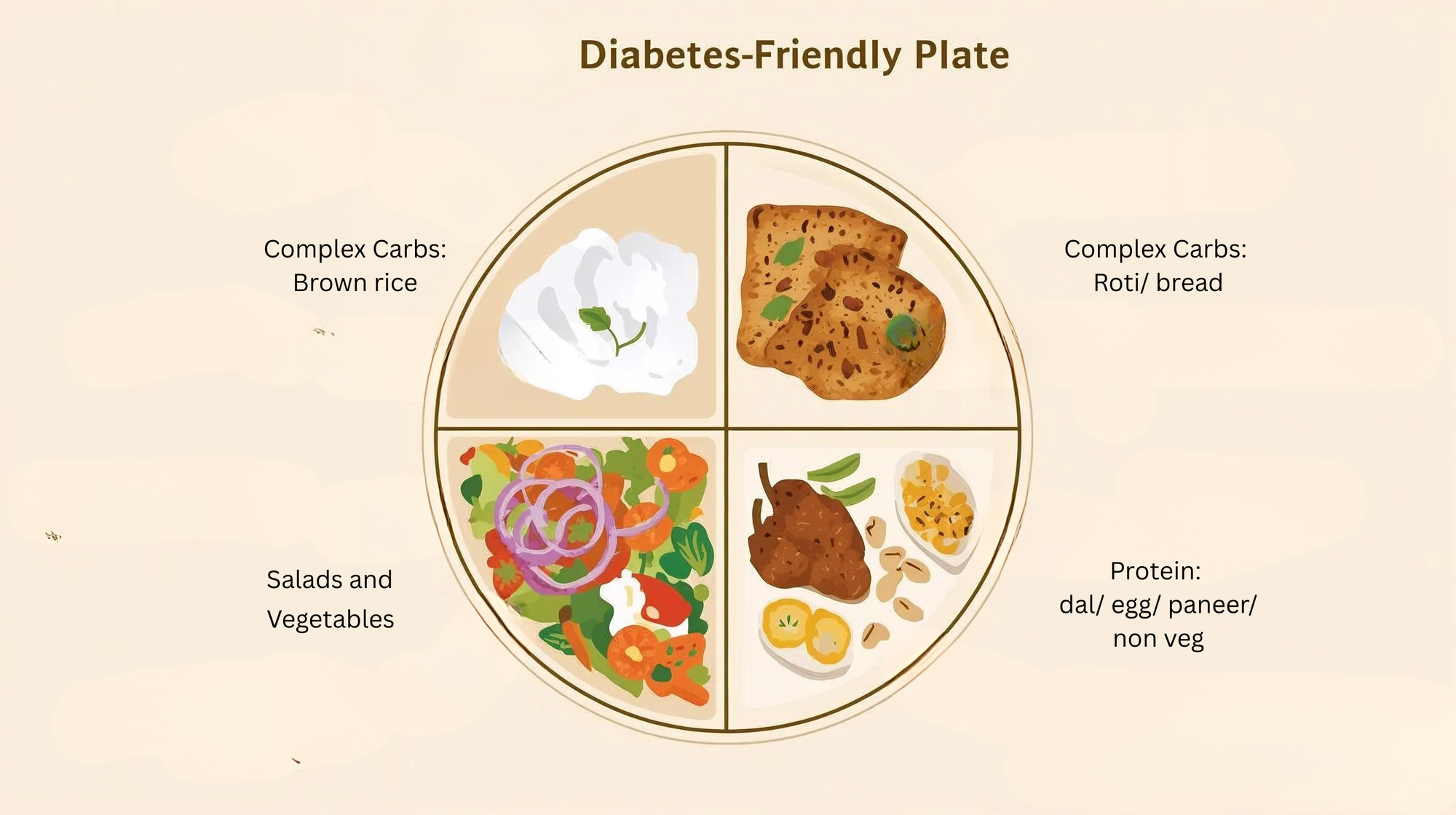 Illustration of a balanced Indian diabetic-friendly plate with vegetables, proteins, complex carbs, and healthy fats