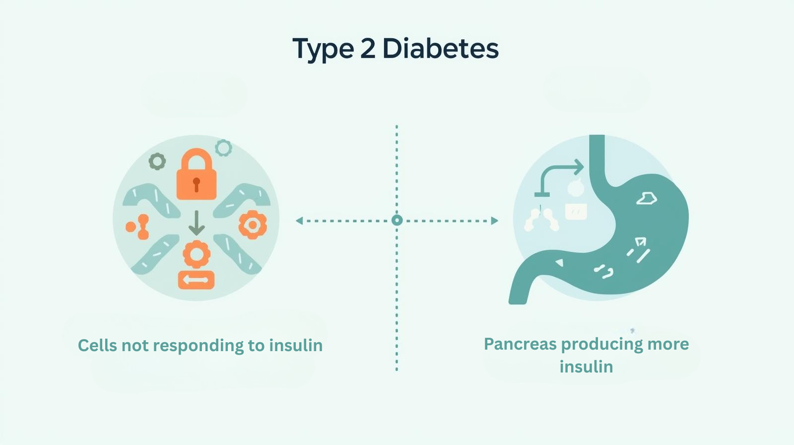 Infographic showing how Type 2 Diabetes develops through insulin resistance and increased insulin production