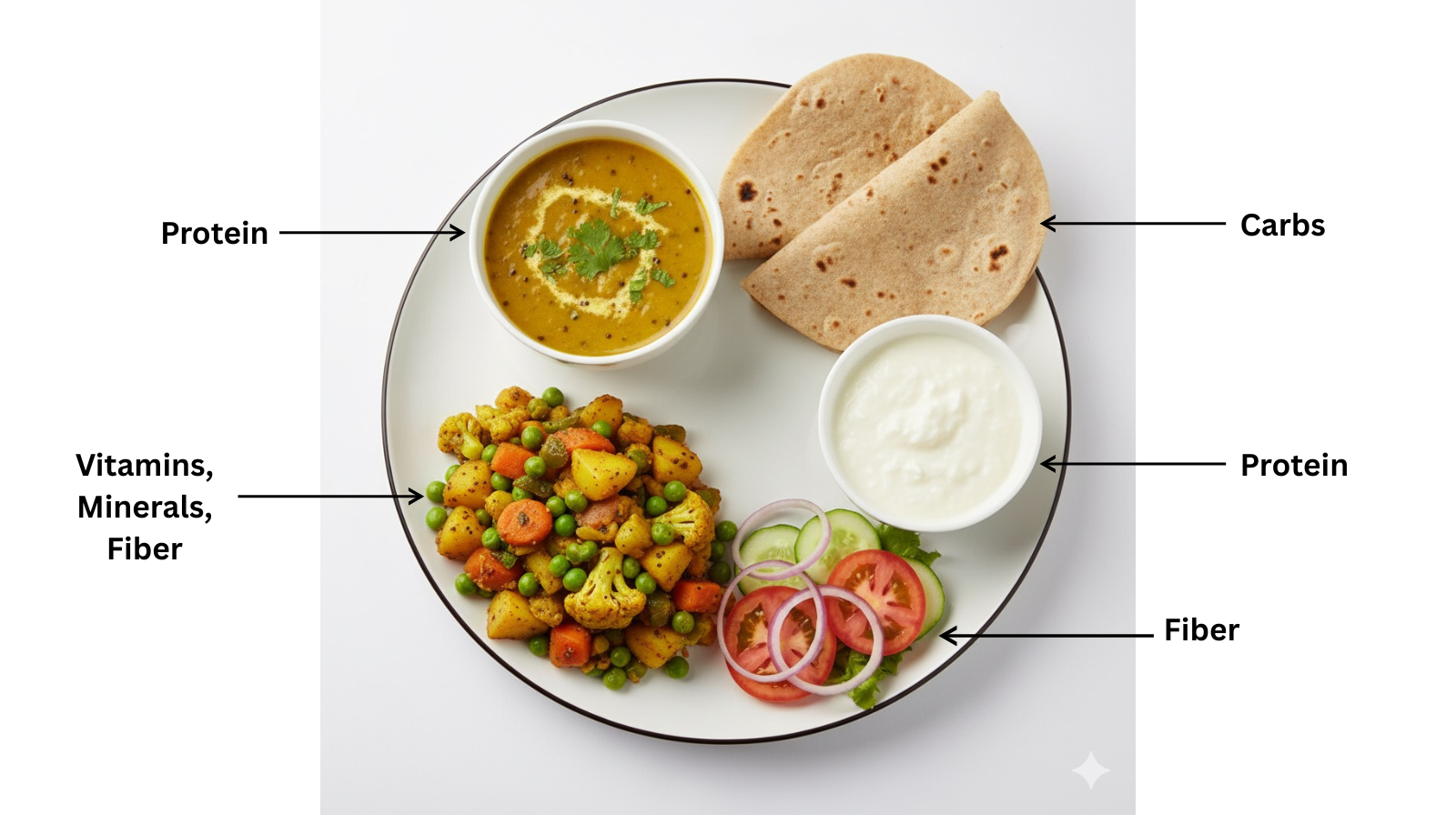 Balanced Indian vegetarian plate showing healthy portion control for fat loss