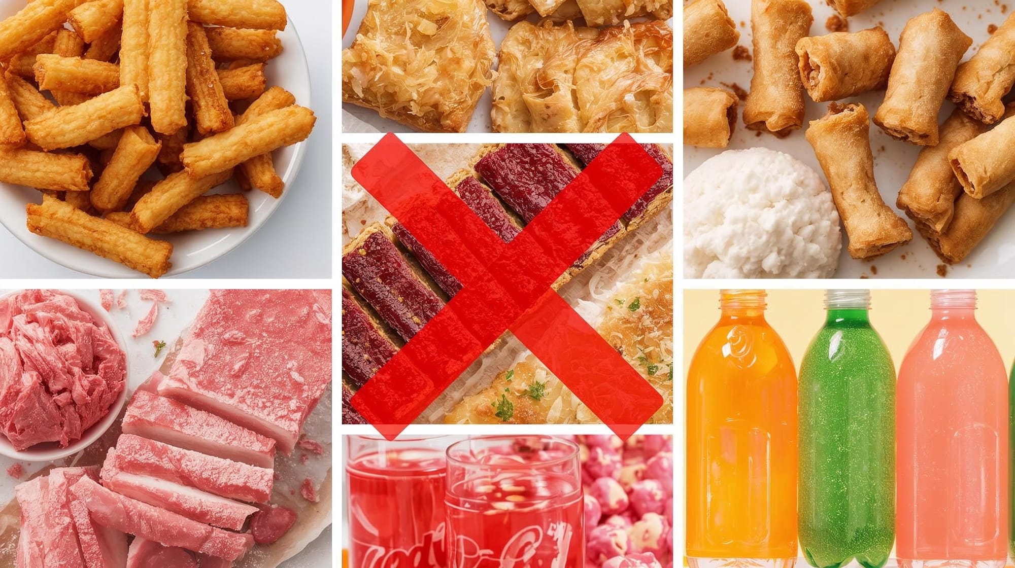 Foods to avoid for high cholesterol such as fried foods, bakery items and processed meats