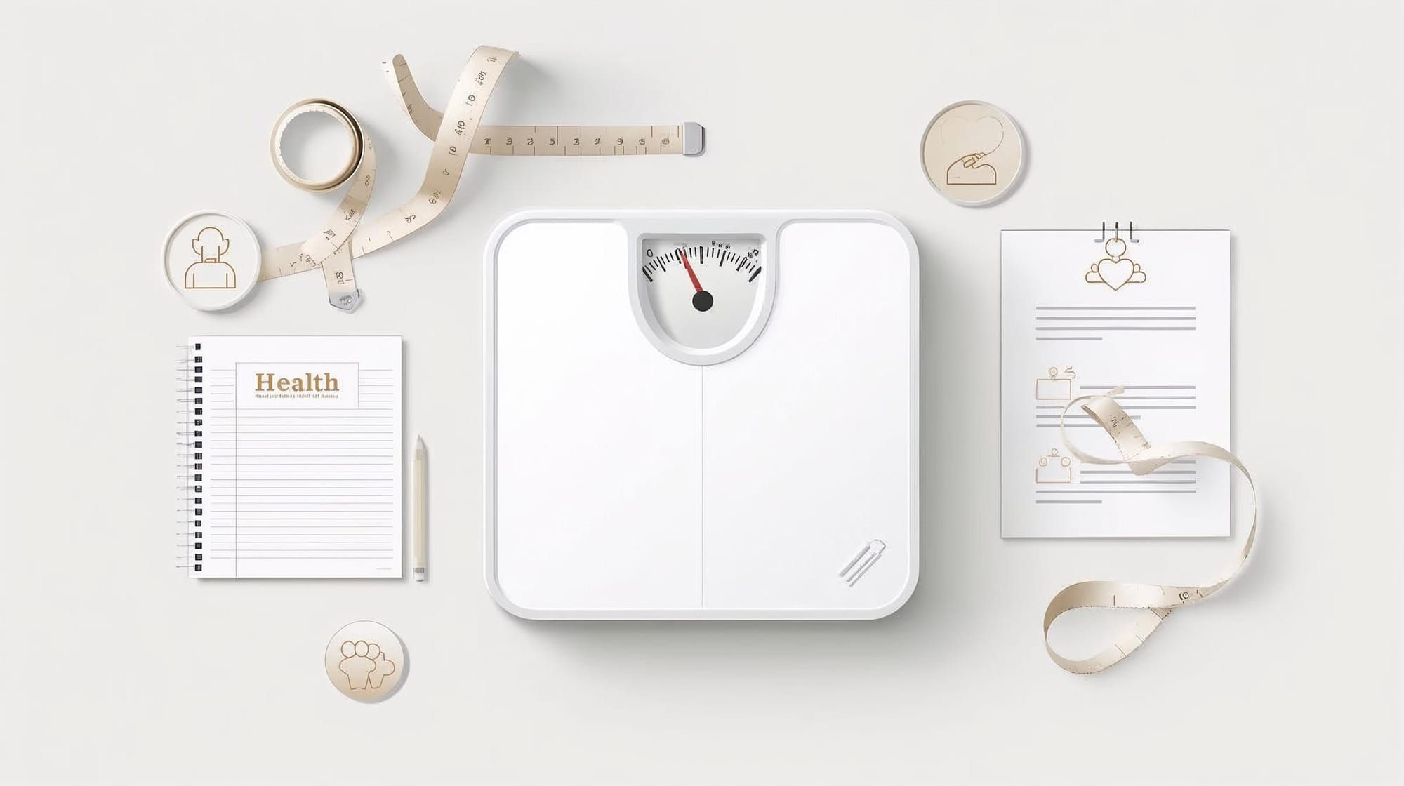 Educational image showing a weighing scale alongside other health indicators like a measuring tape and notes, illustrating that weight alone does not reflect overall progress.