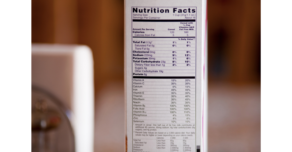 Nutrition facts label on a cereal box showing total carbohydrates, sugars, and daily values — how to read food labels for hidden sugar