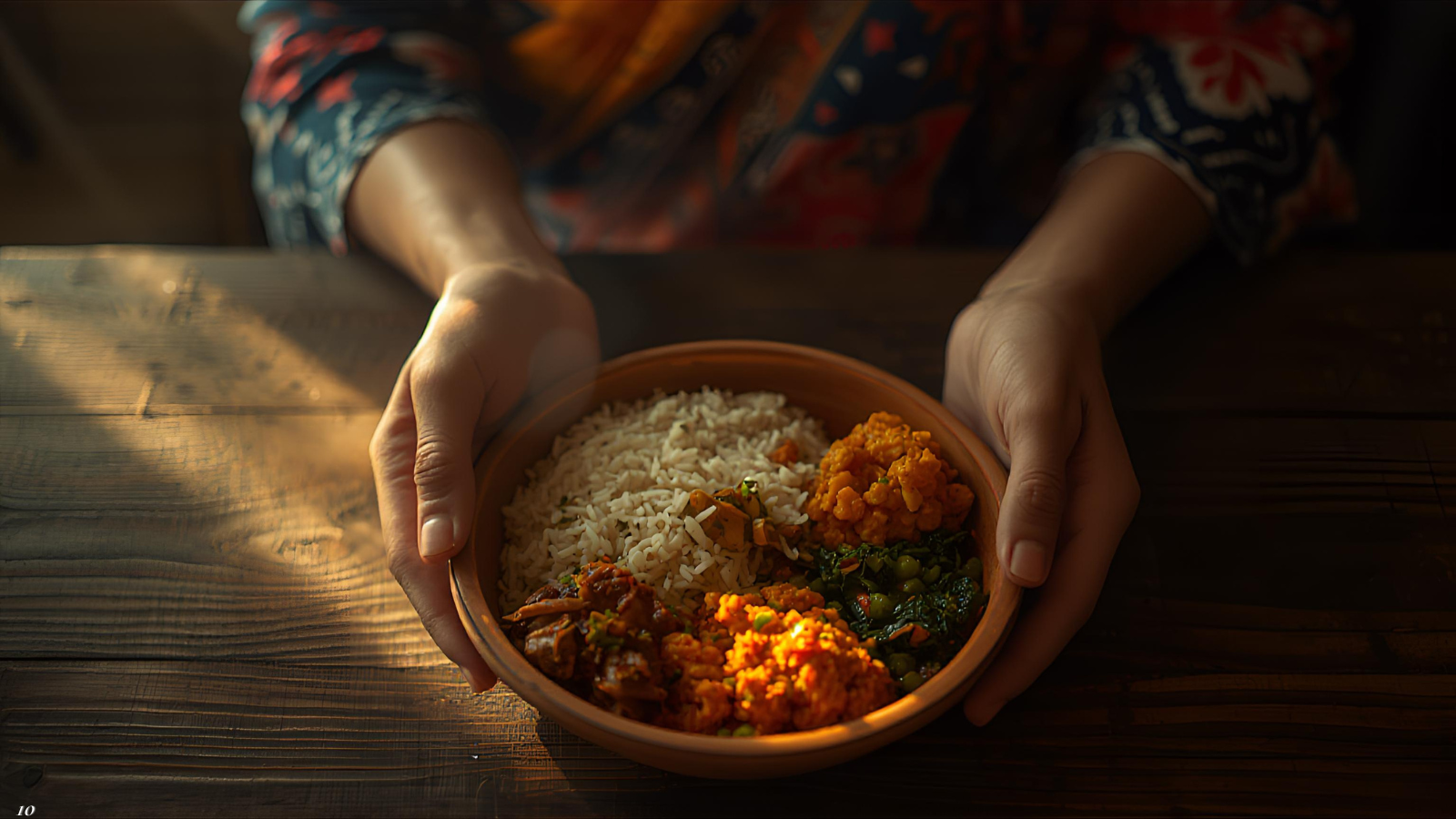 Woman eating mindfully at a table with a simple Indian home meal, calm morning light