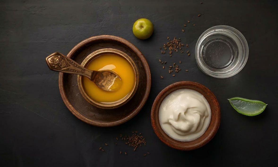 Indian gut healing foods including ghee, dahi, coconut water and spices arranged on a stone surface
