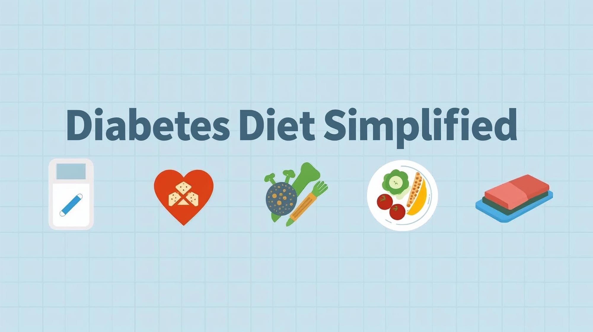 Banner image showing Diabetes Diet Simplified with icons of balanced meals, glucometer, and healthy food visuals