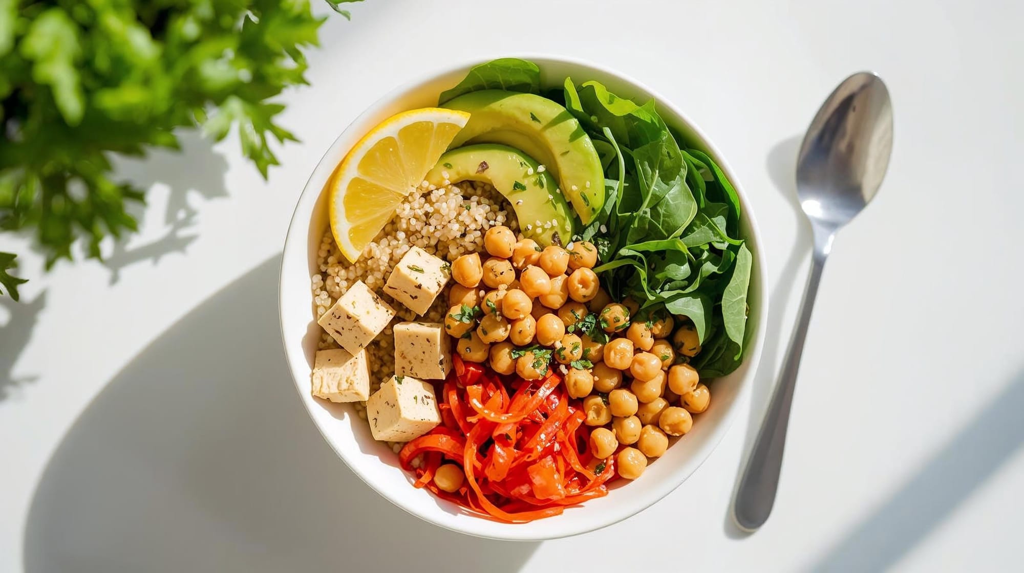 Healthy vegetarian salad bowl with tofu, chickpeas, and greens for weight loss