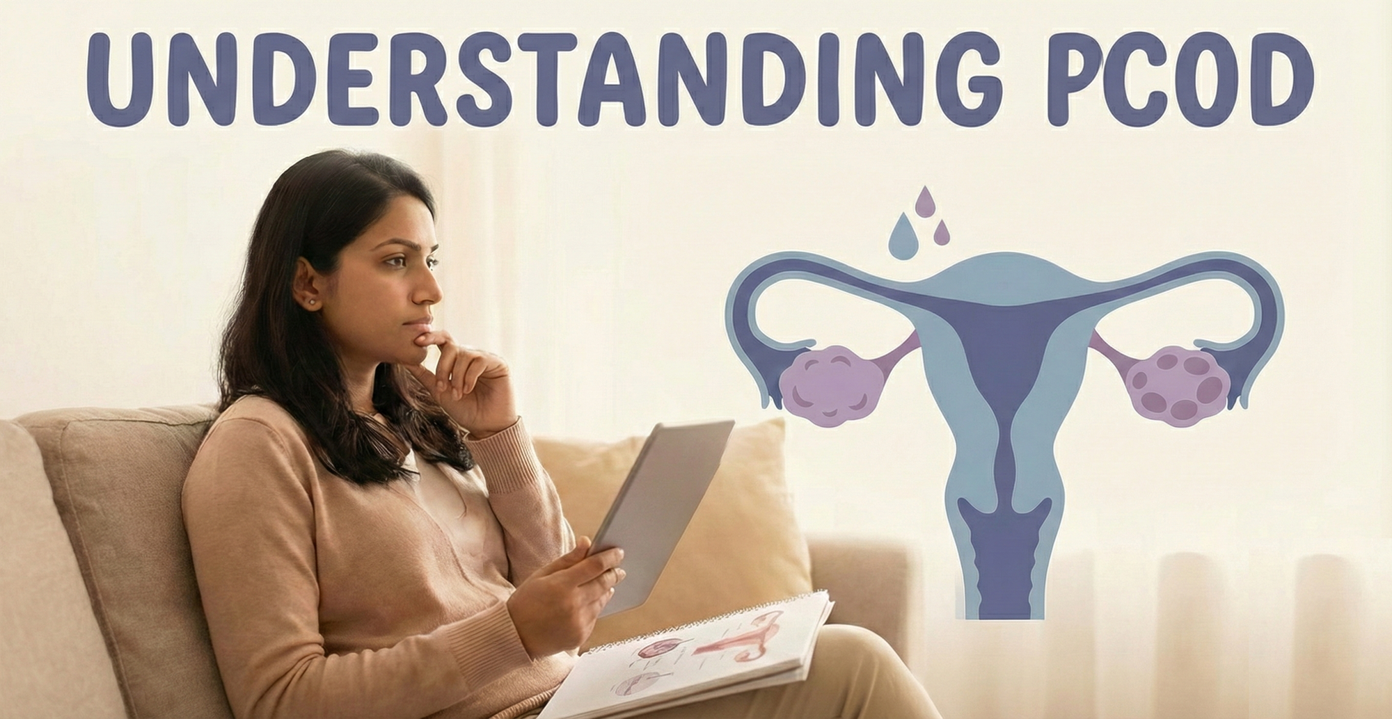 A thoughtful woman sitting on a couch, holding a tablet and reading a notebook. Beside her is an educational illustration of a uterus with polycystic ovaries