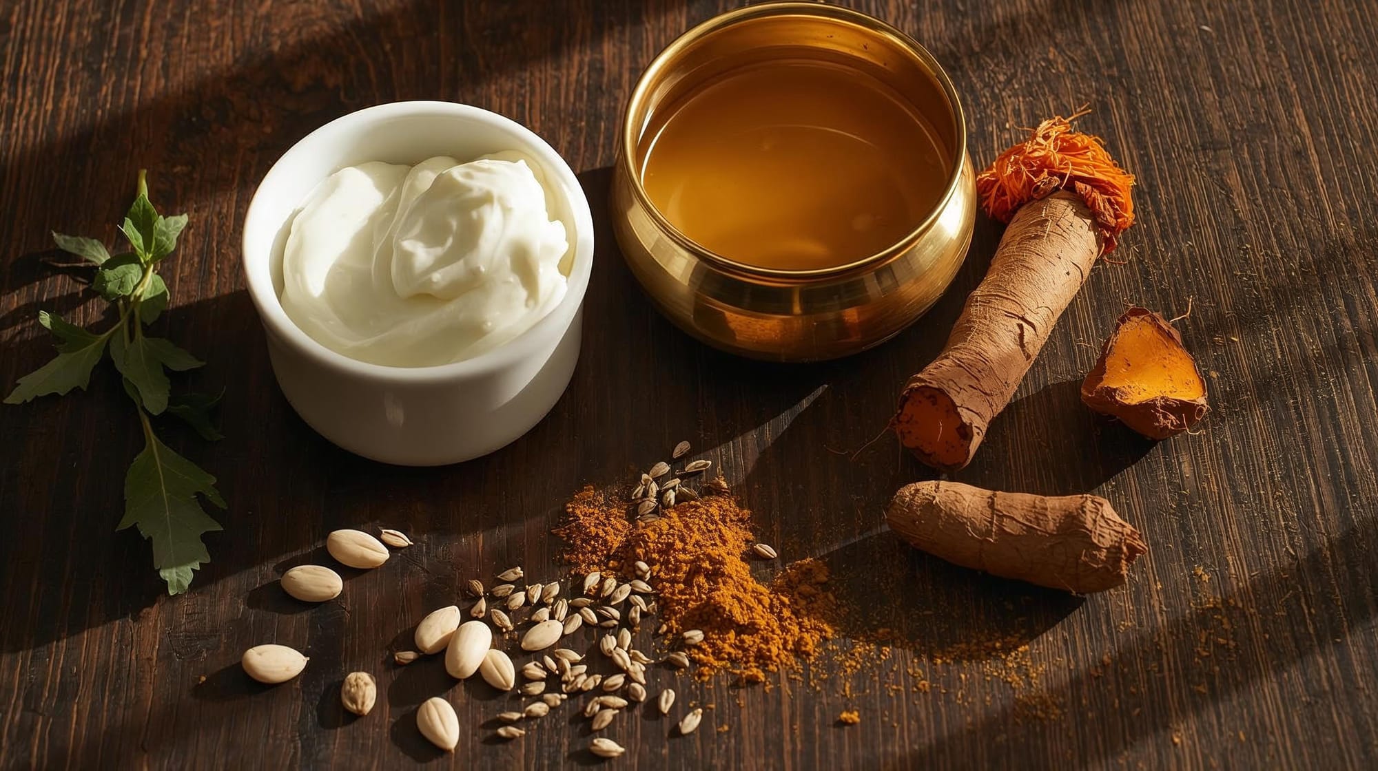 Indian gut-healing foods including turmeric, ghee, curd and methi seeds on a dark wooden surface