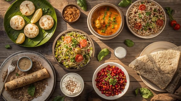 Colorful healthy Indian breakfast spread on a rustic wooden table, featuring idlis, poha, chillas, dosa, sprouts salad, and yogurt in warm sunlight.